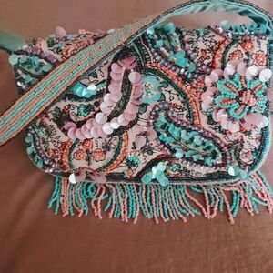 Boho Beaded Fringe Clutch Pastel Floral Sequin Festival Shoulder Bag